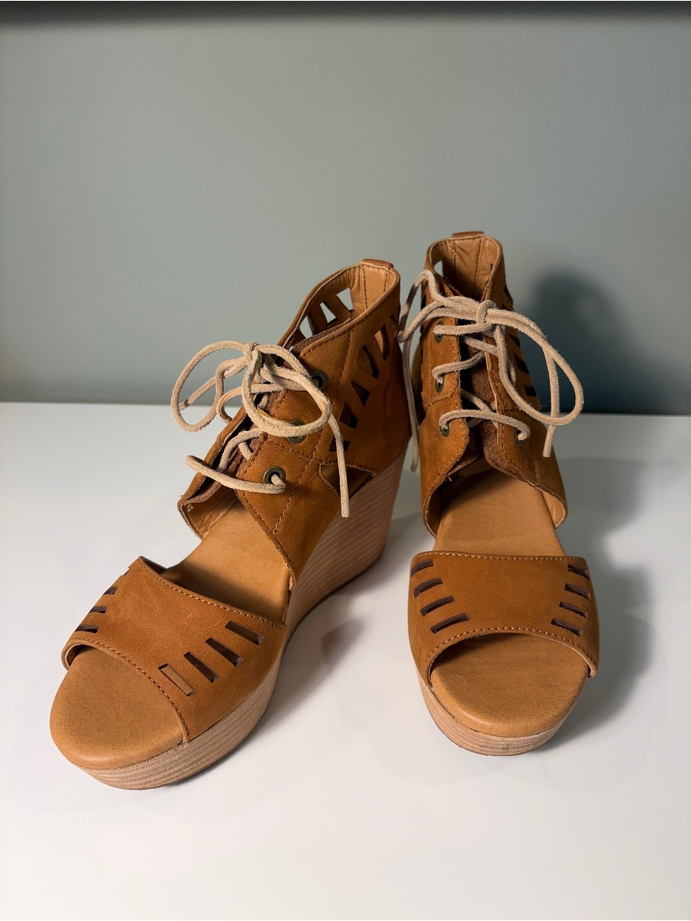 Caterpillar Lace-Up Wedge Sandals in Cognac Brown